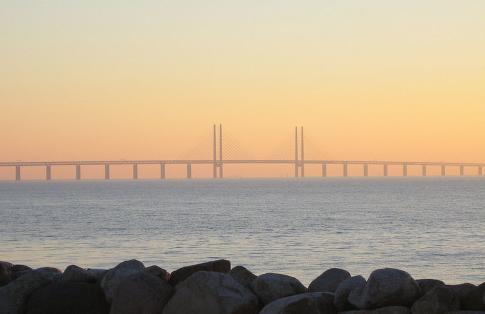 Sweden-Denmark Öresund bridge at sunset.